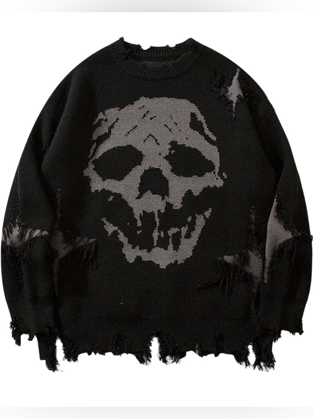 Black Distressed Skull Crewneck Sweater - Men's NWOT